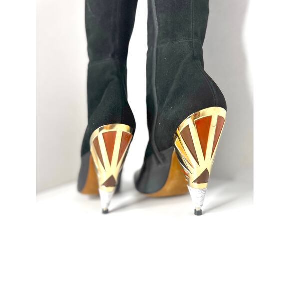 Givenchy Black Leather Suede OTK Boots 38.5 Over The Knee Printed Heel - Picture 4 of 15